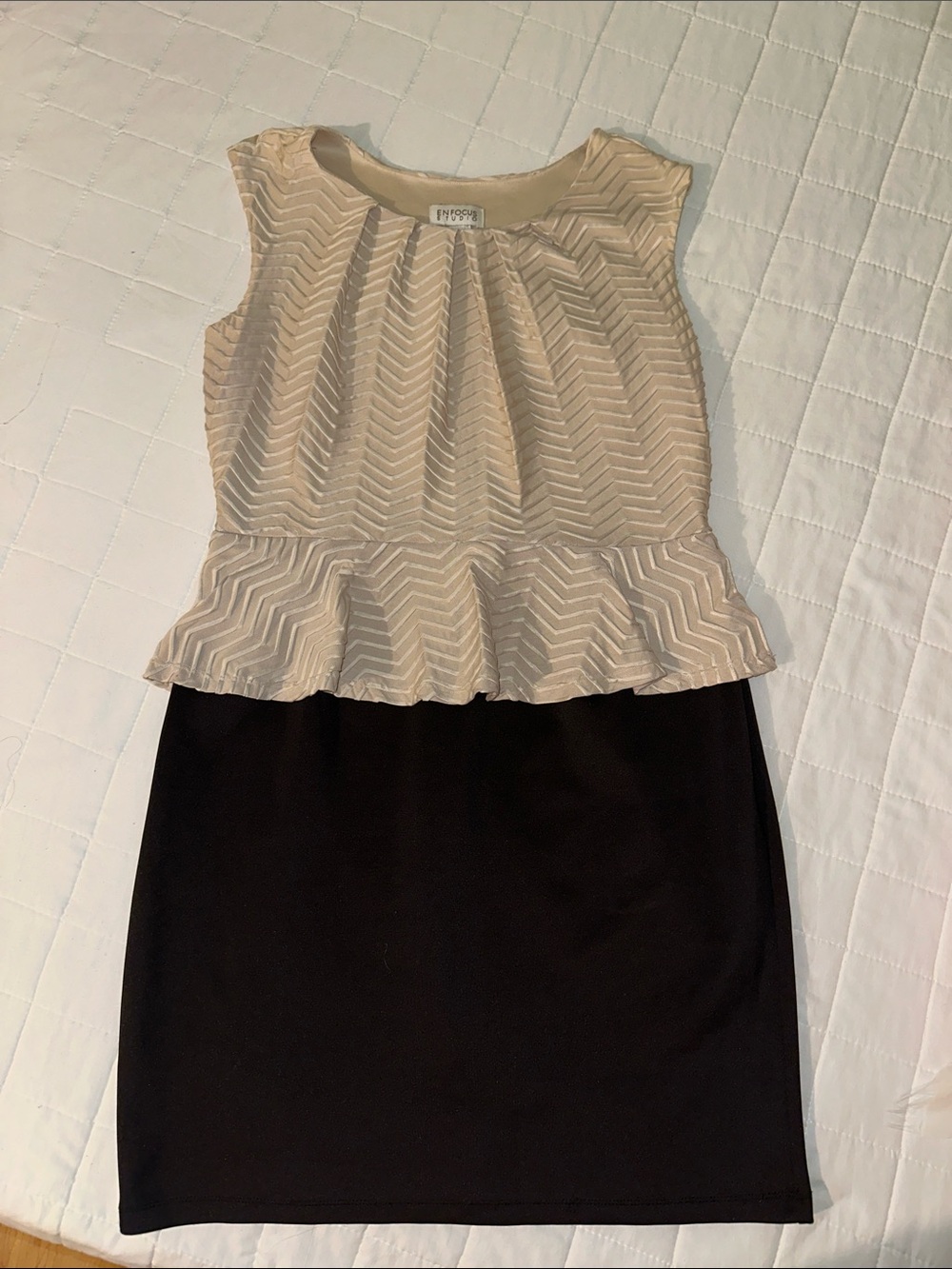 Enfocus Studio Cream Peplum Top with Black Pencil Skirt Dress